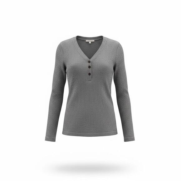 Loft Sweaters - LOFT Women’s Small Gray Ribbed Henley Sweater Long Sleeve Soft Knit Top